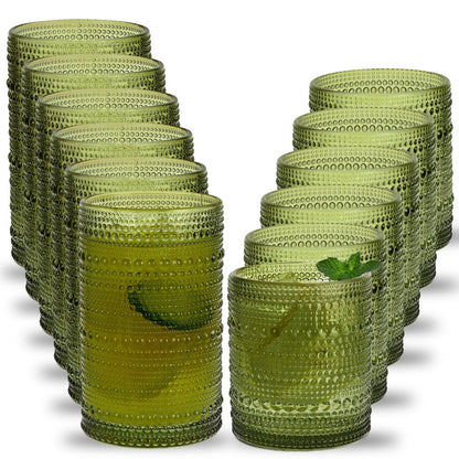 Hobnail Drinking Glasses Set 12pcs – 12oz Highball & 10oz Cocktail Vintage Embossed Boho Glassware for Beer, Juice, Tea, Milk