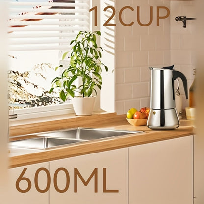Straight-Sided Stovetop Moka Pot with Reusable Filter, Safety Valve and 2-, 4-, 6-, 9- or 12-Cup Options