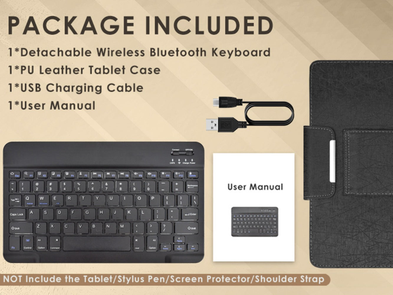 Universal Tablet Case with Wireless Keyboard 10.1 Inch – Removable Bluetooth Keyboard, PU Leather Folio Cover, Built-in Stand, Compatible with iOS Android Windows Tablets, Travel Portable Sleeve