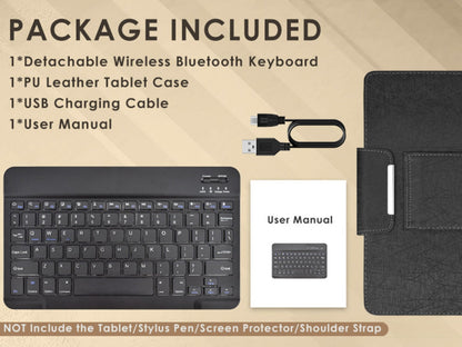 Universal Tablet Case with Wireless Keyboard 10.1 Inch – Removable Bluetooth Keyboard, PU Leather Folio Cover, Built-in Stand, Compatible with iOS Android Windows Tablets, Travel Portable Sleeve