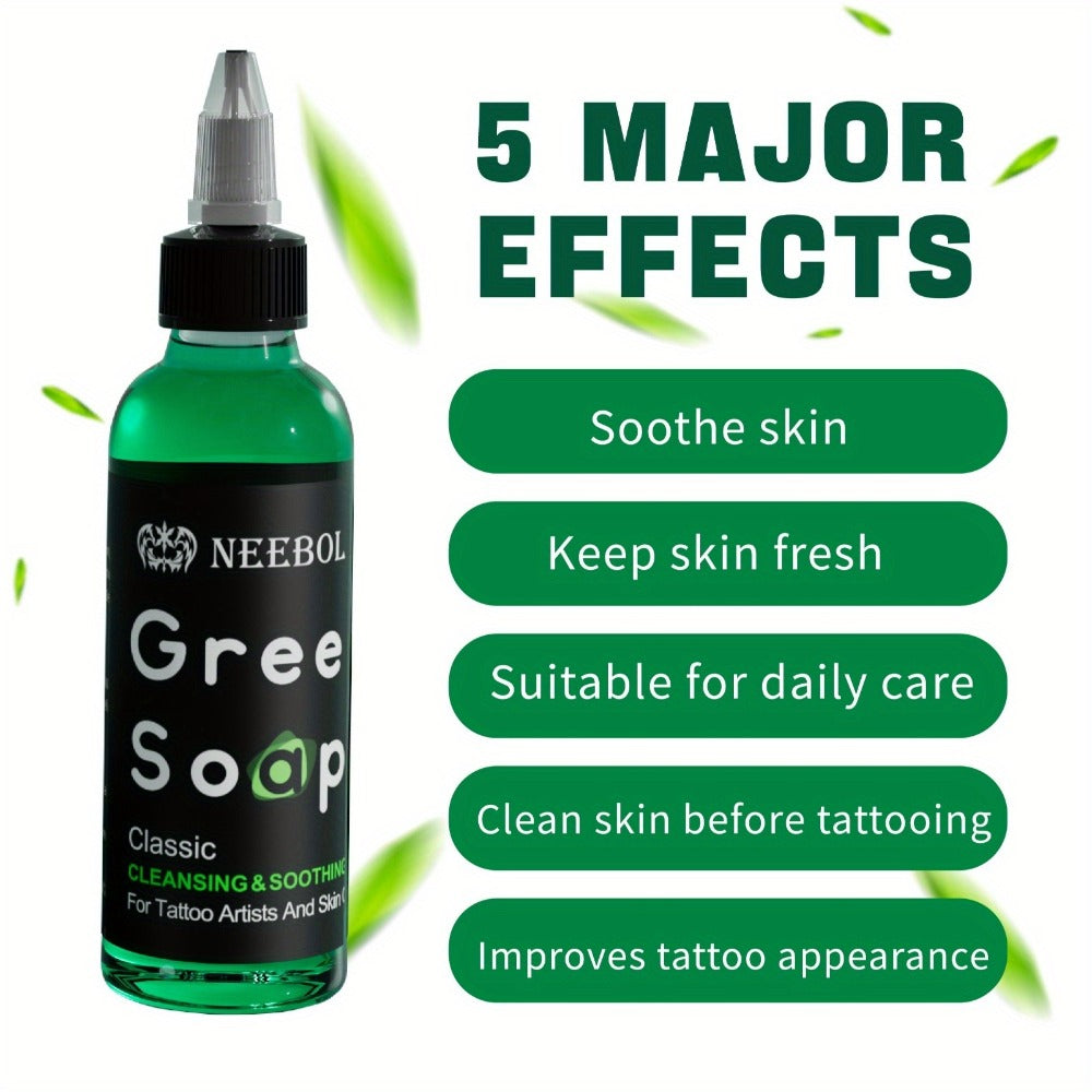 Tattoo Green Soap Cleaning Kit Neebol 8.5oz Concentrated Soap Squeeze Bottle Moisturizing Balm Cream Lint-Free Wipes Complete Skin Care Set Before After Tattooing Body Art