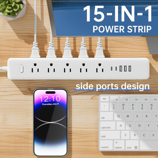 Wall Mount Power Strip 15-in-1 Slim Long Strip, 10 AC Outlets & 5 USB Ports (3 USB-A + 2 USB-C), Surge Protection Overload Protection, Multi-Function Power Outlet for Office Home Travel – Space-Saving Design