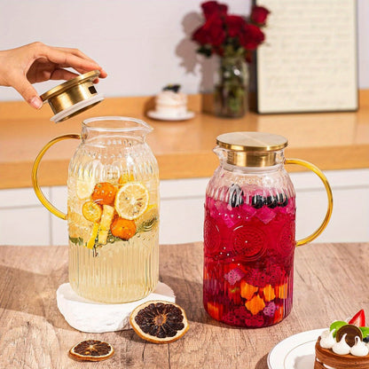 Embossed 68-Ounce Glass Pitcher with Golden-Tone Handle and Lid in One- or Two-Piece Packs