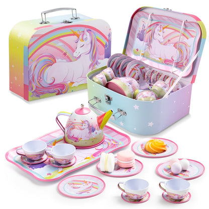 Pink Unicorn Tin Tea Set in Carry Case with Teapot, Four Cups, Four Saucers and Five Plates