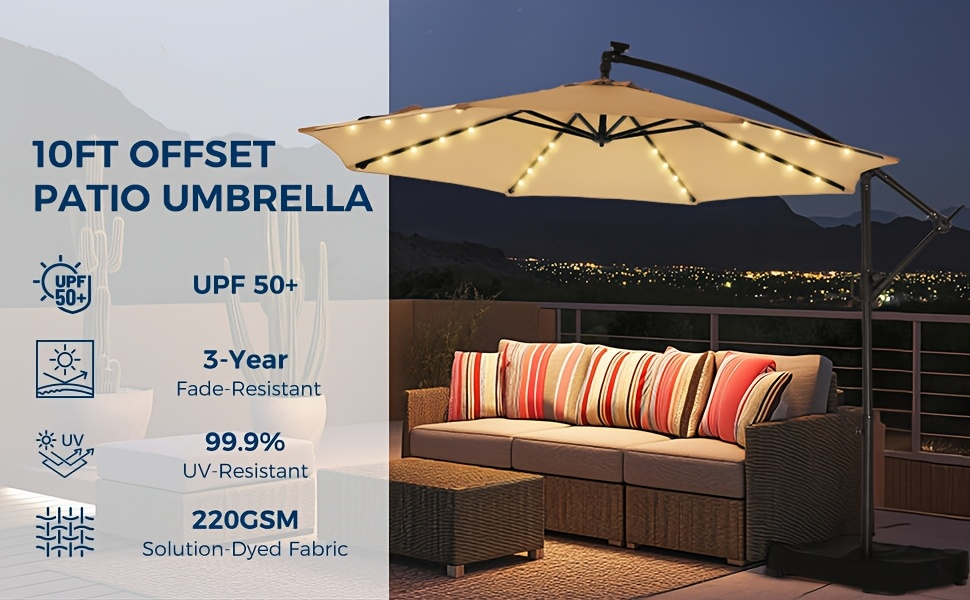 Solar Patio Umbrella 10FT Offset Cantilever LED Lights UPF50+ UV