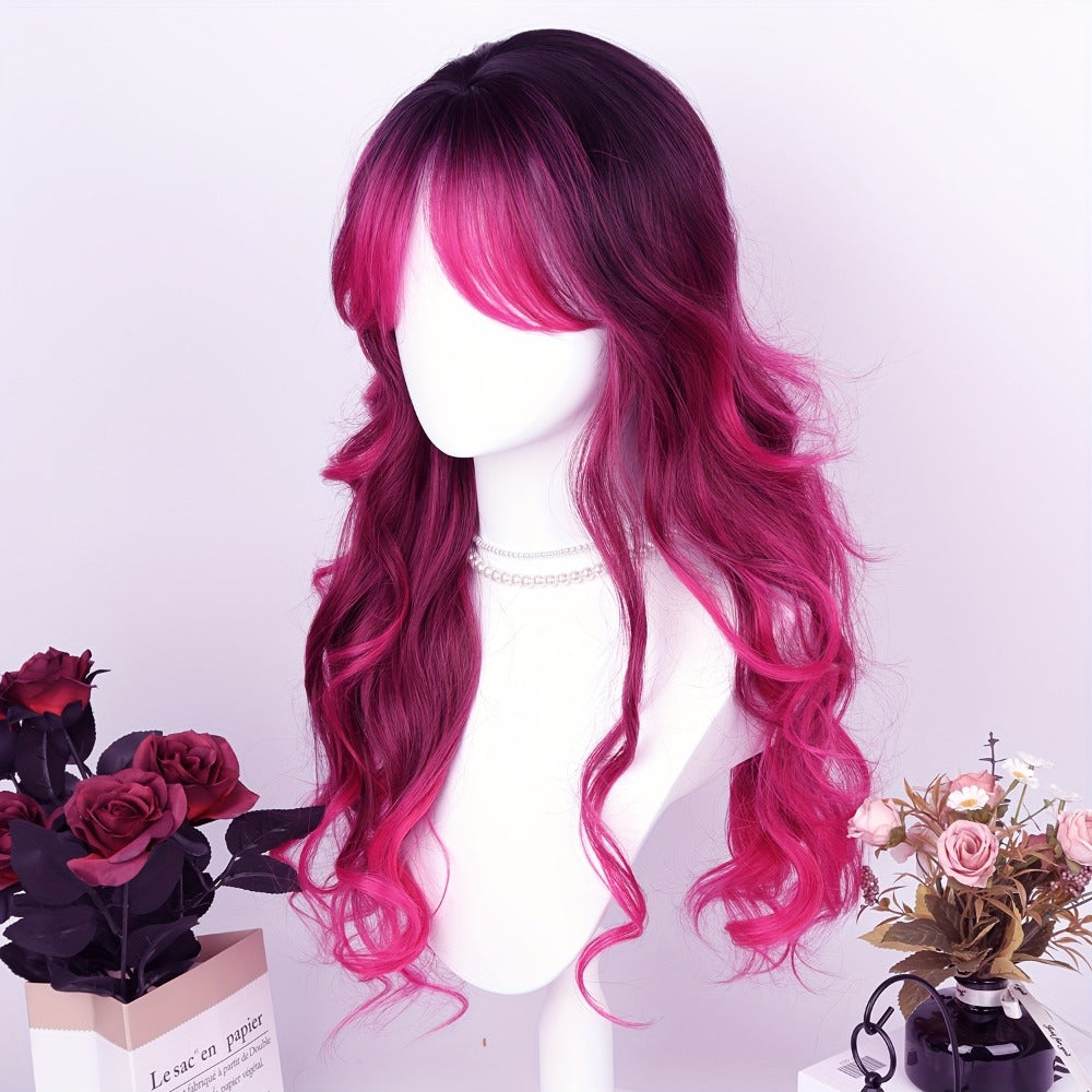 Synthetic Wig 28-Inch Rose-Red Gradient Waves with Air Bangs, 150% Density and Rose Net Cap