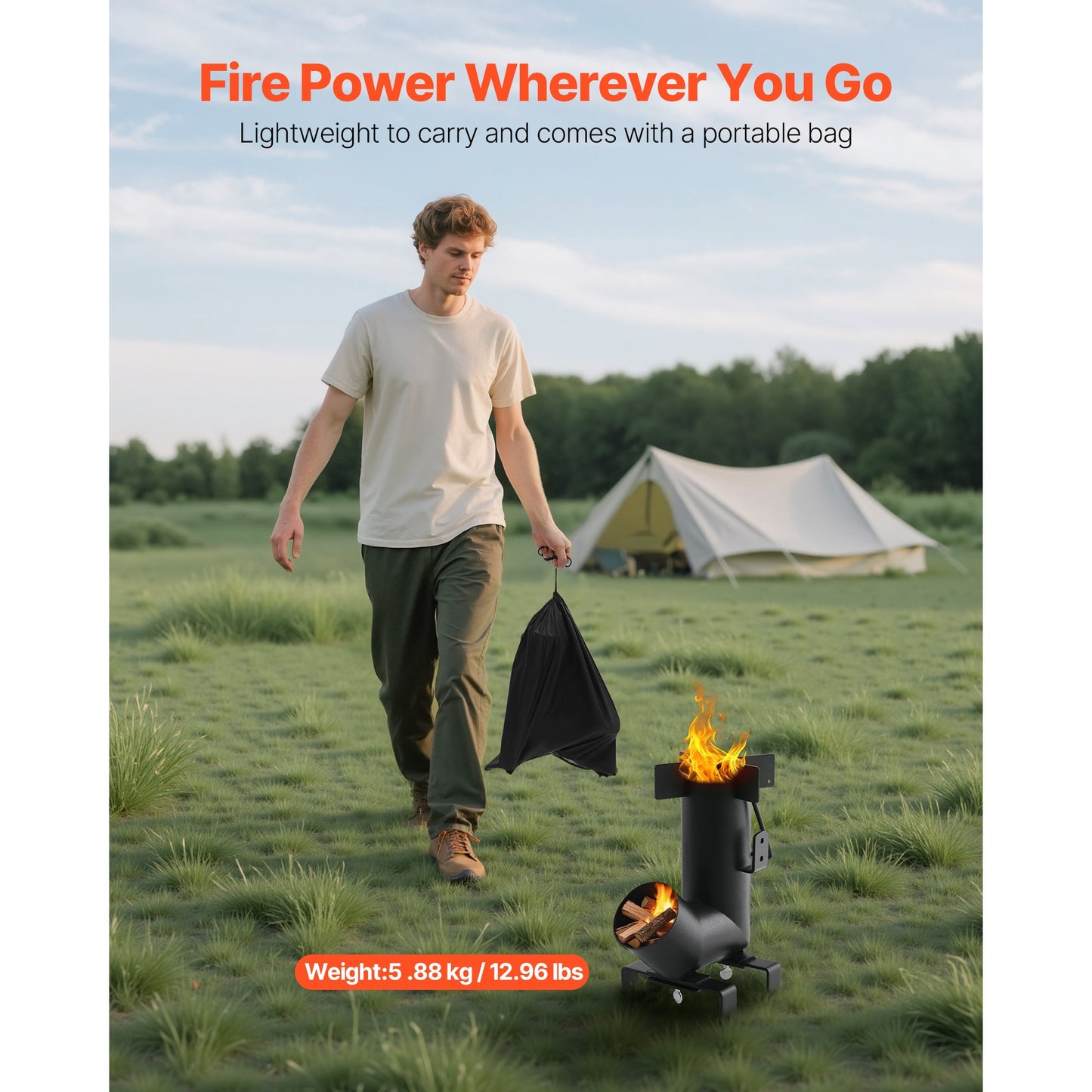 Black Wood-Burning Rocket Camping Stove with Cast-Iron Cooktop, Storage Bag and 12.96-Pound Weight