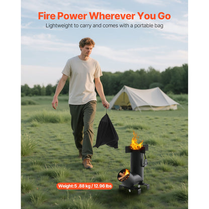 Black Wood-Burning Rocket Camping Stove with Cast-Iron Cooktop, Storage Bag and 12.96-Pound Weight