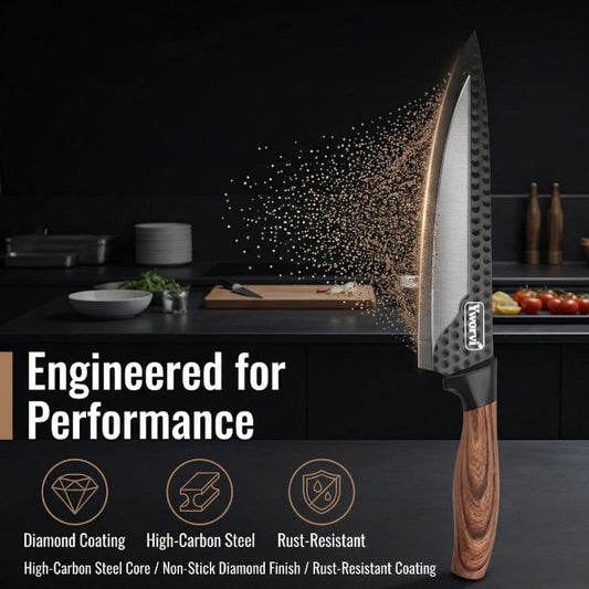 Chef Knife Set 7 Piece High Carbon Stainless Steel Ultra Sharp – Anti-Stick Ergonomic PP Handle, Includes Slicing Knife, Scraper, Scissors & Whetstone, Gift Box for Home, Family & Travel