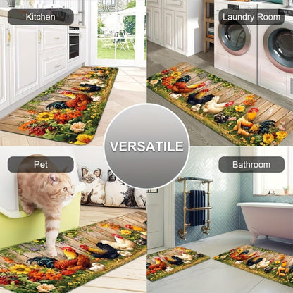 Rooster Farmhouse Kitchen Rugs in Round, Runner and 1- to 4-Piece Mat Set Size Options for Floors