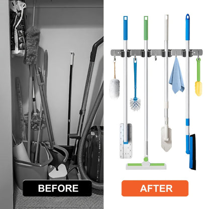 Two-Pack Wall-Mounted Broom and Mop Holders with Four Grip Racks, Five Hooks and Exact Configuration
