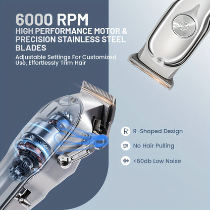 Professional Hair Clipper & Beard Trimmer Set - MENSURE Cordless 6000RPM Hair Cutting Kit with T-Blade Trimmer, 7 Guide Combs, LED Display & Type-C Fast Charging, Barber Kit for Men Home & Salon Use