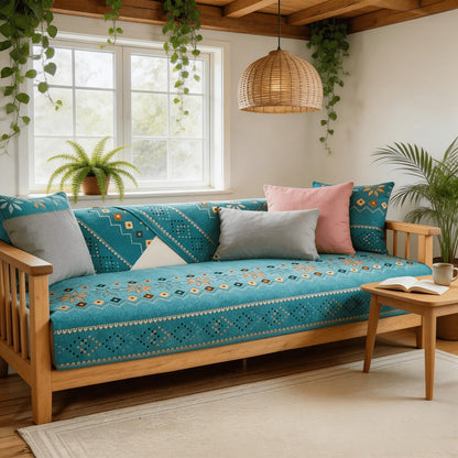 Chenille Sofa Cover Bohemian Style 1pc - Ethnic Pattern Anti-Slip Cat Scratch Resistant Skin-Friendly Couch Slipcover | 2 3 4 Seat Sizes White Green | Living Room Bedroom Office Sofa Cushion Cover Home Decor