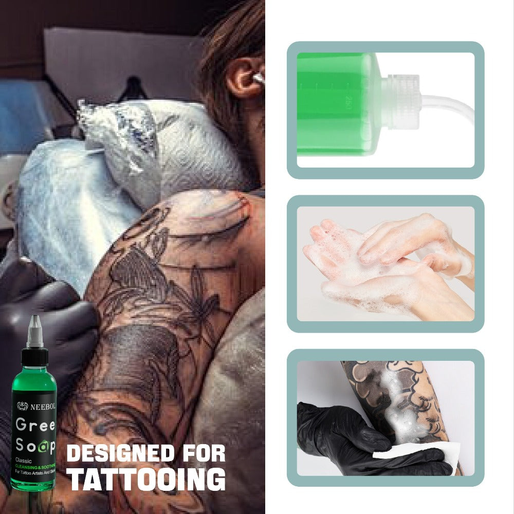 Tattoo Green Soap Cleaning Kit Neebol 8.5oz Concentrated Soap Squeeze Bottle Moisturizing Balm Cream Lint-Free Wipes Complete Skin Care Set Before After Tattooing Body Art