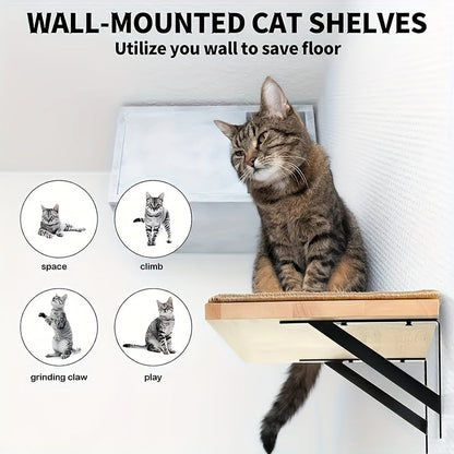 Sisal Mat Wall-Mounted Cat Climbing Frame with Hammock Wooden Perch Observation Platform Scratch Pad Indoor Cat Wall Furniture Resting Area