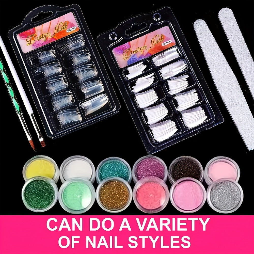 Acrylic Nail Kit with 12 Glitter Colors, Clear Pink White Powders, Liquid Monomer, Tips and Application Tools