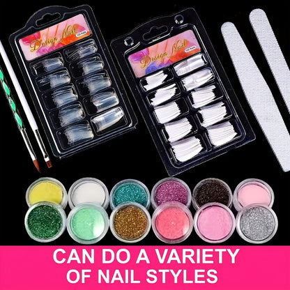 Acrylic Nail Kit with 12 Glitter Colors, Clear Pink White Powders, Liquid Monomer, Tips and Application Tools
