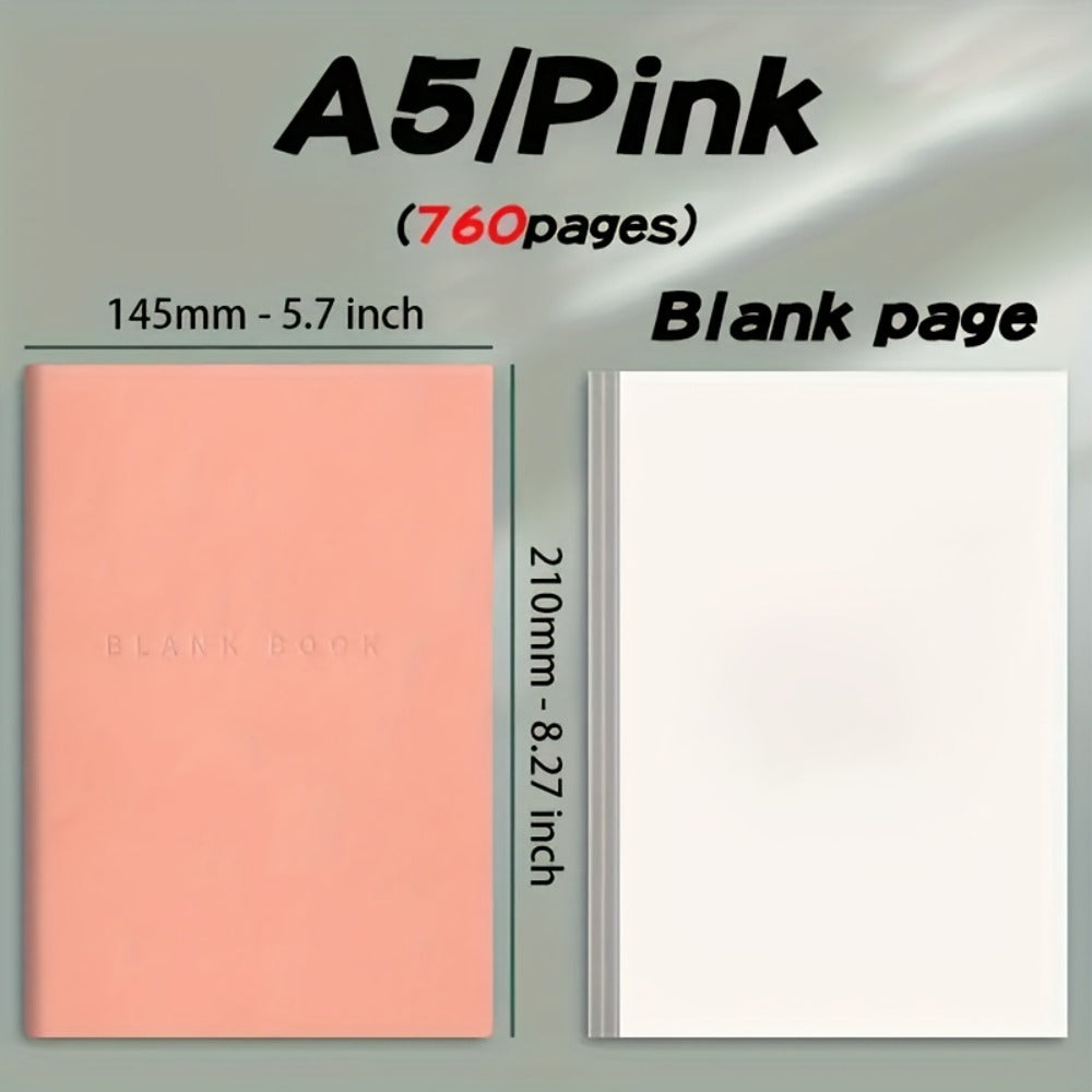 A5 Blank-Page Notebook with Seven Hundred Sixty Pages in Green, Blue, Pink or Black Covers