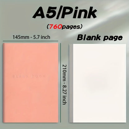 A5 Blank-Page Notebook with Seven Hundred Sixty Pages in Green, Blue, Pink or Black Covers