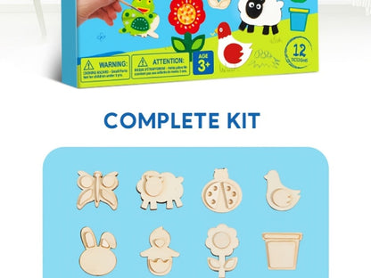 Wooden Magnet Painting Craft Kit, 12-Piece Nature Shape Set with Six Paint Tubs, Brushes and Glitter Pen