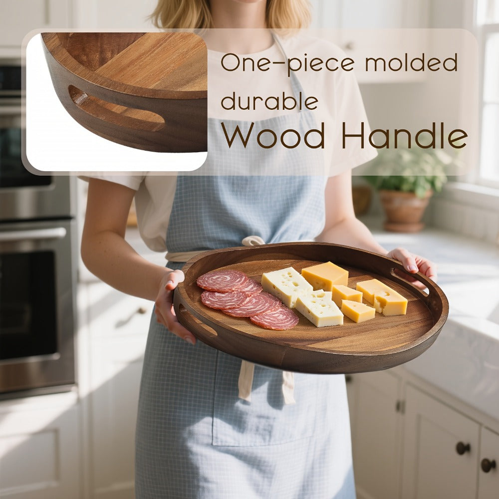 Oval Acacia Wood Serving Tray with Integrated Handles and Pictured 16.9 x 13-Inch Dimensions