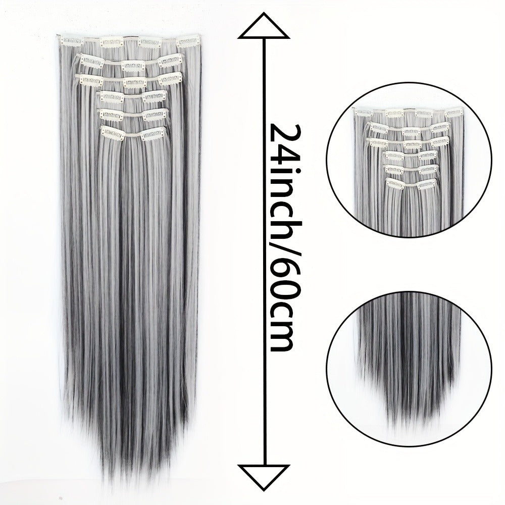 24-Inch Clip-In Hair Extension Set with Six Wefts and 16 Clips in Black or Mixed Color Options