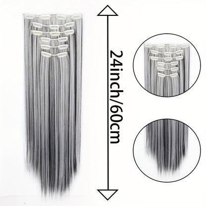 24-Inch Clip-In Hair Extension Set with Six Wefts and 16 Clips in Black or Mixed Color Options