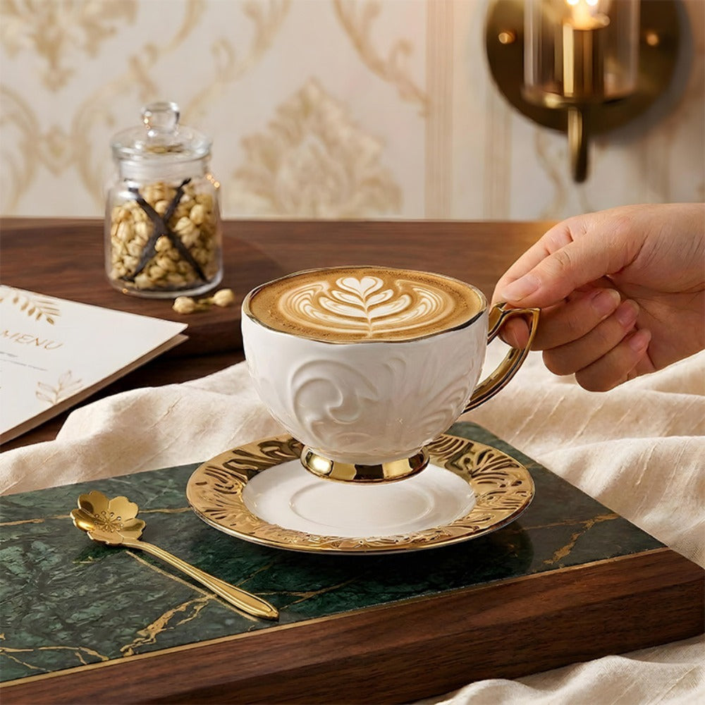 Espresso Cups Set 12 Pcs – 7.44 Oz Small Ceramic Cappuccino Cup Set with 6 Cups, 6 Trays & 6 Spoons – Elegant Coffee & Tea Cup Set with Handles – Perfect Gift for Coffee Lovers
