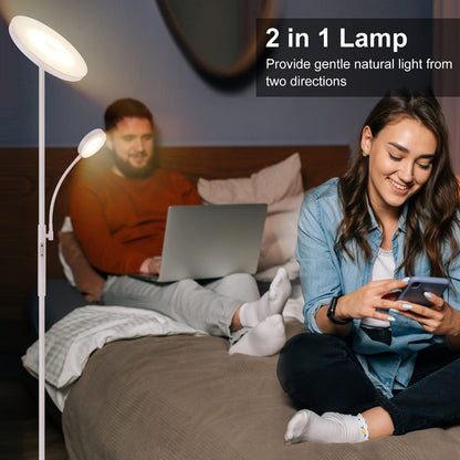 Dual-Head Torchiere Floor Lamp with 27W Main Light, 7W Reading Arm, Four Color Temperature Modes and Remote or Touch Control