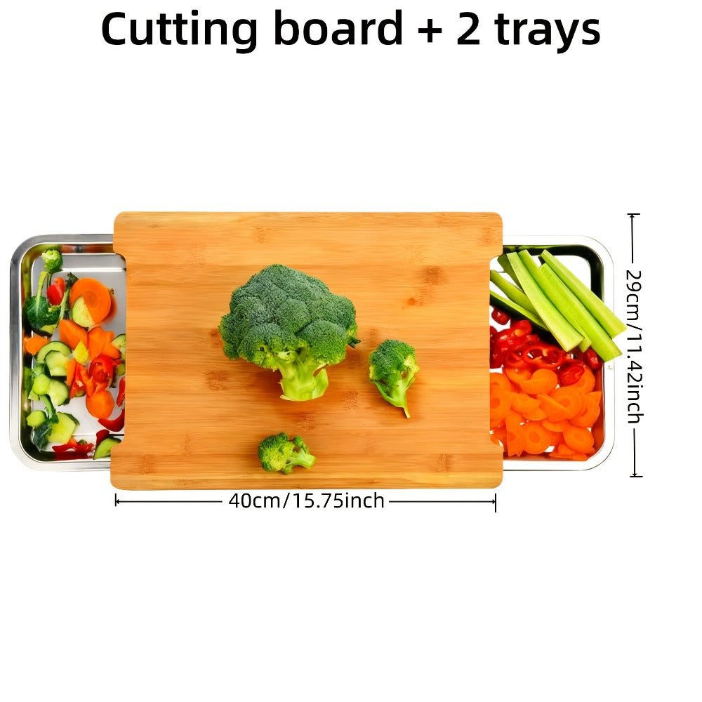 Bamboo Cutting Board Prep Station with Slide-Through Opening, Drawer Positions and Two-Tray Package Option