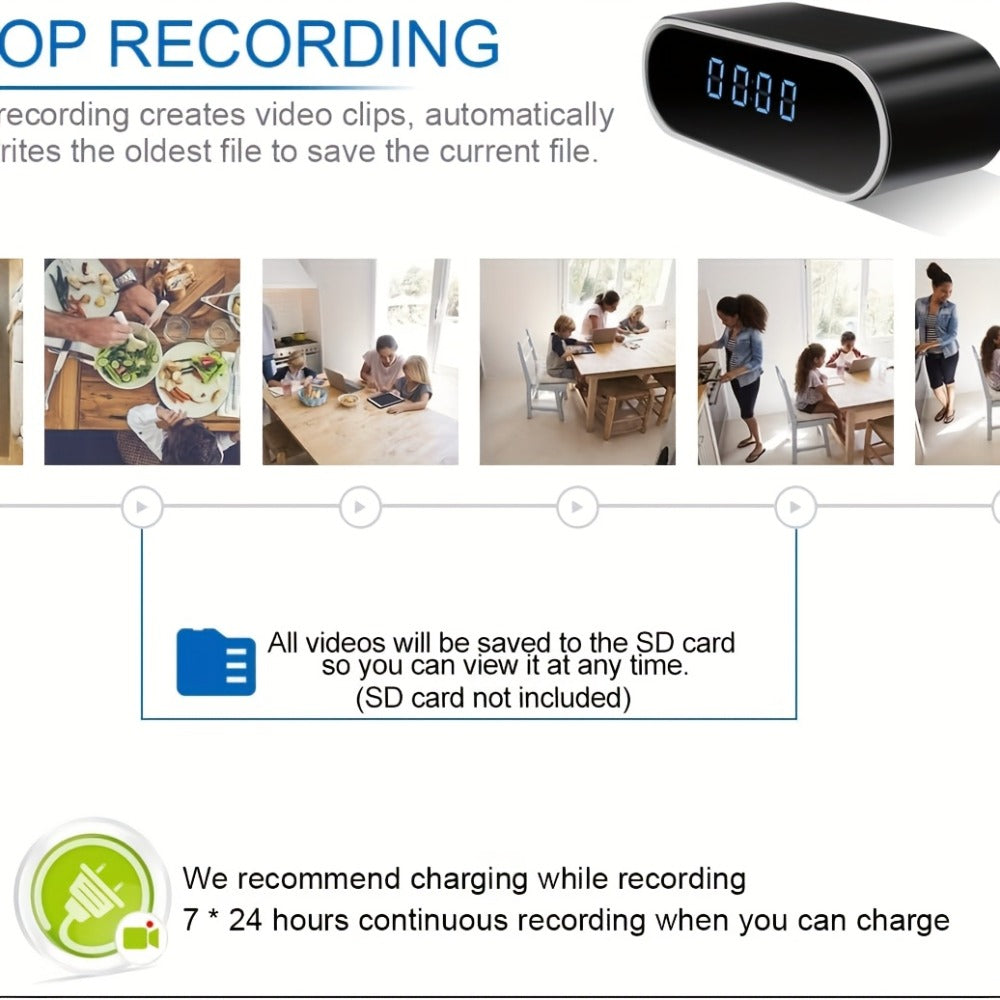 1080P WiFi Clock Camera Battery Powered, Hidden Nanny Cam with 64GB Memory Card Included, Night Vision, Motion Detection, Loop Recording, 2.4GHz Wireless, Remote Live View for Home Office Warehouse