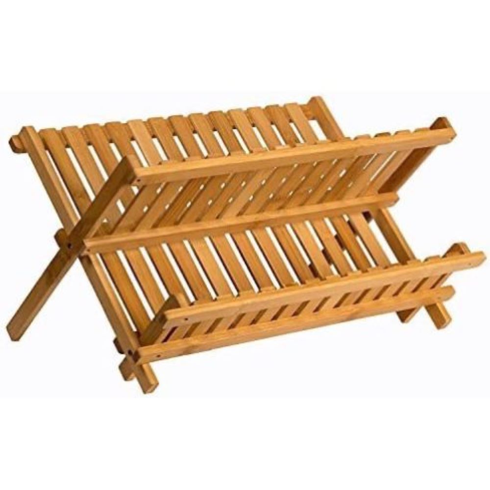 Two-Tier Collapsible Wood-Tone Dish Drying Rack with Fourteen Plate Slots and Folding Countertop Design
