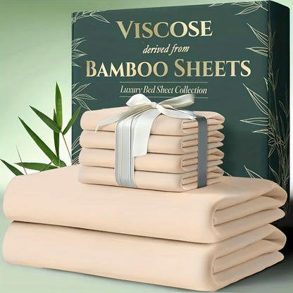 Bed Sheet Set 6-Piece Bamboo Fabric with 40–44 cm Pocket, Double-Stitched Edges and Seven Colors