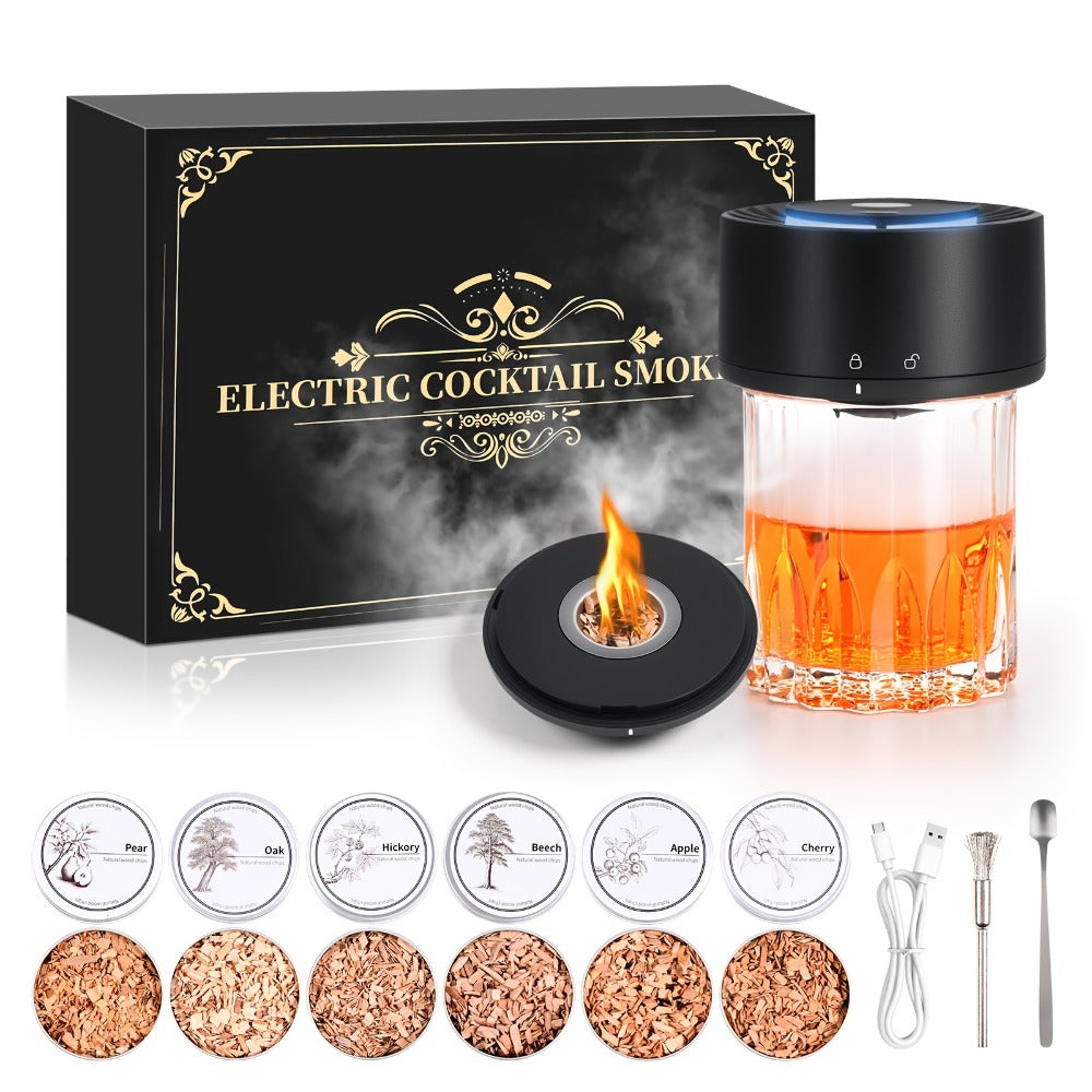 Rechargeable Electric Cocktail Smoker Kit with Six Wood-Chip Tins, Glass-Top Smoker Cap and Accessories