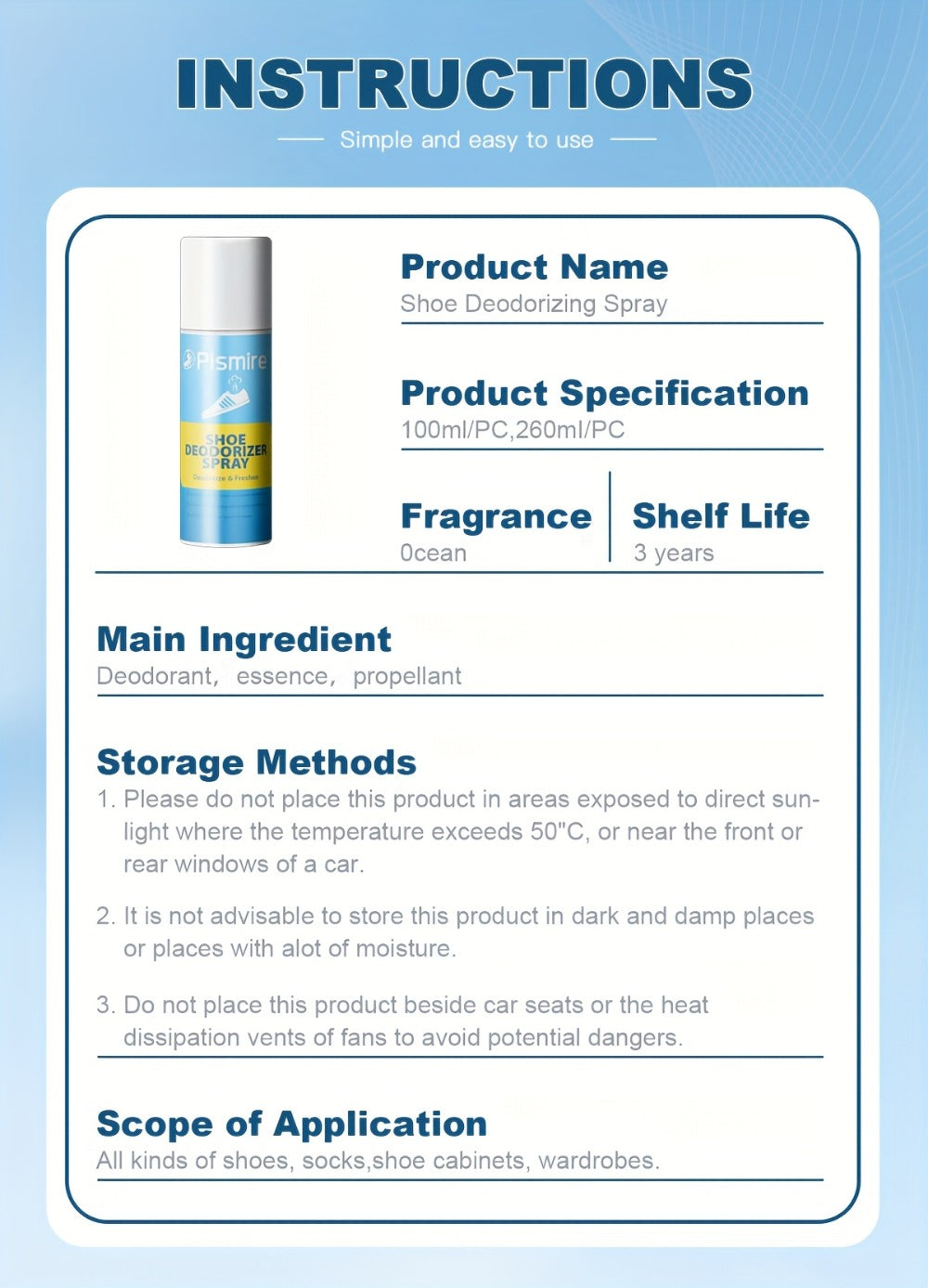 Plismire Shoe Deodorizer Spray, 260 ml Can for Shoes, Socks, Shoe Cabinets, Locker Rooms and Gyms