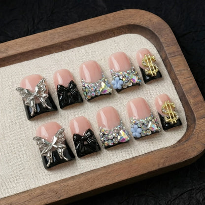 Black Nude Duckbill Press On Nails Medium Length – Glitter AB Rhinestone & Liquid Metal Butterfly Colorblock Handcrafted Acrylic Nail Set for Parties, Date Night & Daily Wear, 10pcs S/M/L