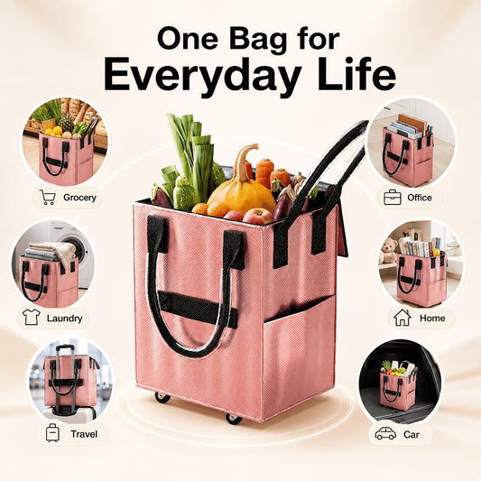 Rolling Grocery Bag with Wheels 60L Extra Large | 16 Gallon Heavy Duty Foldable Shopping Cart Waterproof | Multi-Function Travel Tote Utility Bag in Black Rose Gold
