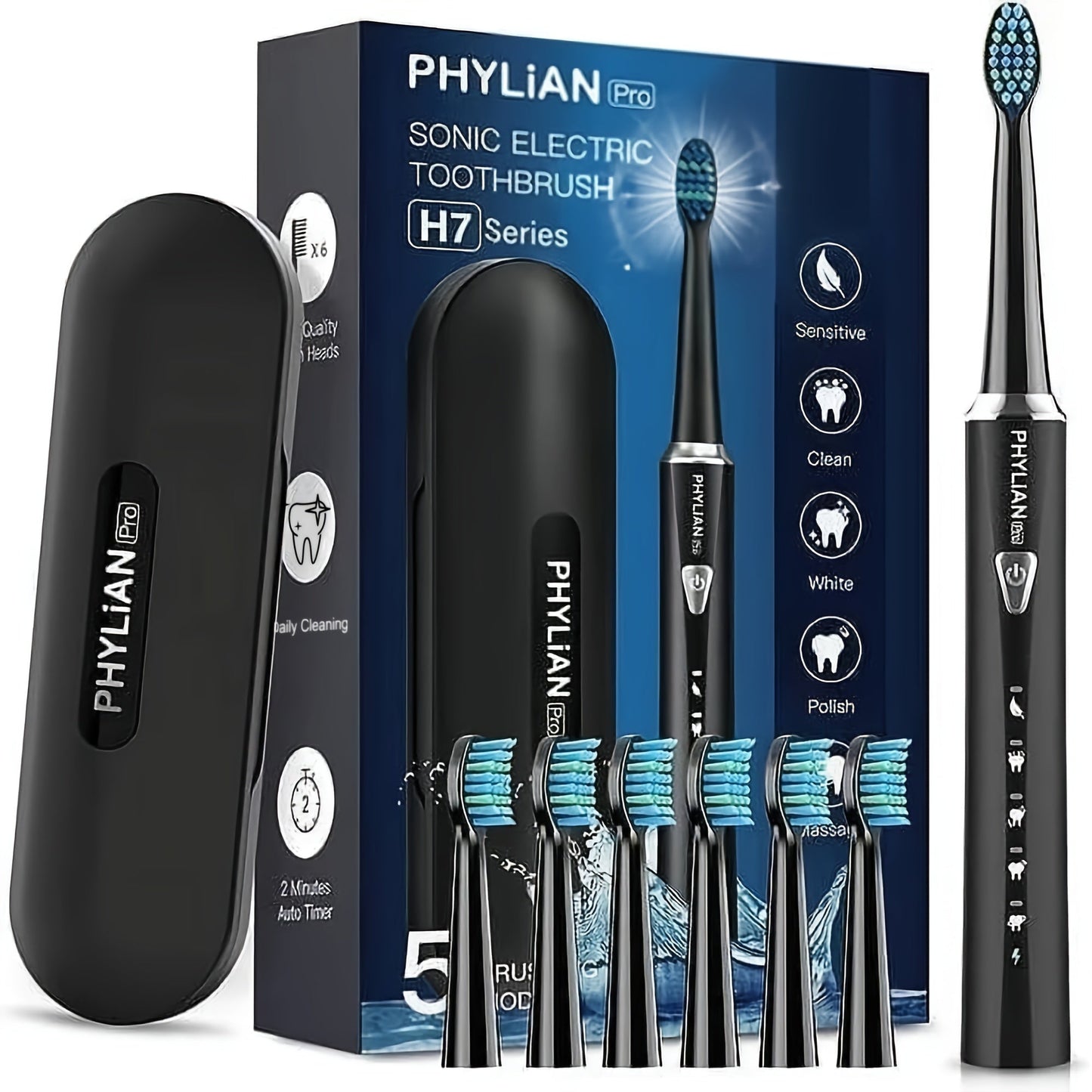 Sonic Electric Toothbrush for Adults Rechargeable – 5 Cleaning Modes 6 DuPont Brush Heads 40000 VPM 120-Day Battery 2-Minute Smart Timer Whitening Sensitive Polish Massage USB Charge Travel Ready Pink Black Purple