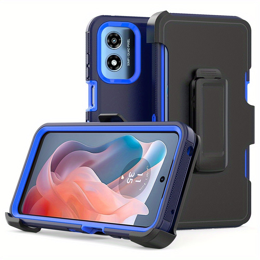 Phone Case Multi-Layer PC and TPU Cover with Belt Clip Holster and Kickstand for Moto G Play 2024
