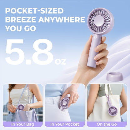Pocket-Size Handheld Fan with Three Speeds, USB-C Charging, Wrist Strap and Three Color Options