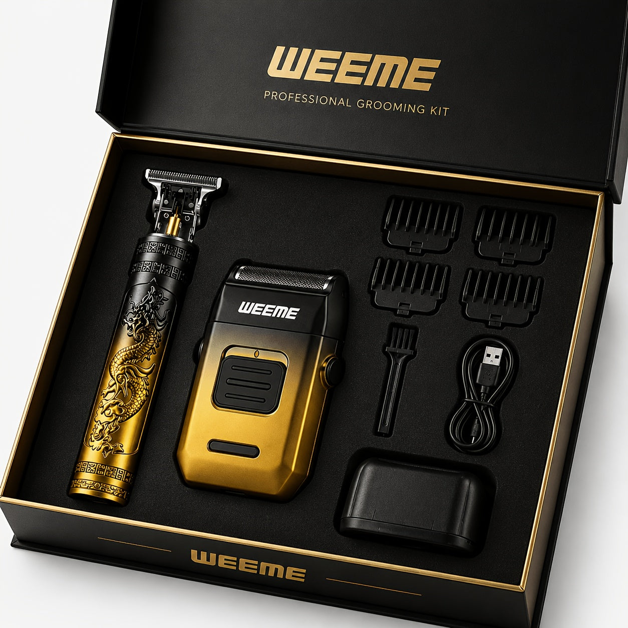 4-Piece Grooming Kit for Men USB Rechargeable Electric Shaver Beard Trimmer Nose Hair Trimmer Hair Clipper System with 8 Guide Combs Gradient Golden Gift for Dad Boyfriend Husband Holiday Travel