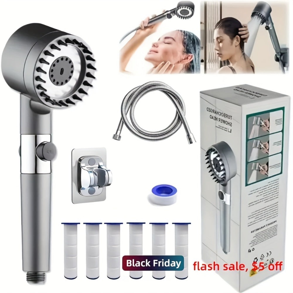 Four-Piece High-Pressure Wall-Mount Shower Head Set with Turbine Spray, Six Filters and 68-Inch Hose