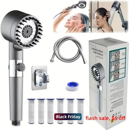Four-Piece High-Pressure Wall-Mount Shower Head Set with Turbine Spray, Six Filters and 68-Inch Hose