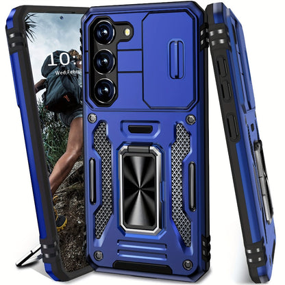 Samsung Galaxy Shockproof Magnetic Phone Case with 360° Rotating Ring Bracket & Sliding Lens Protector – Heavy Duty Cover for S24FE S23FE S22 S21FE Ultra A55 A54 A35 A34 A25 A24 A16 A15 A14 A06 A05 A05S 5G