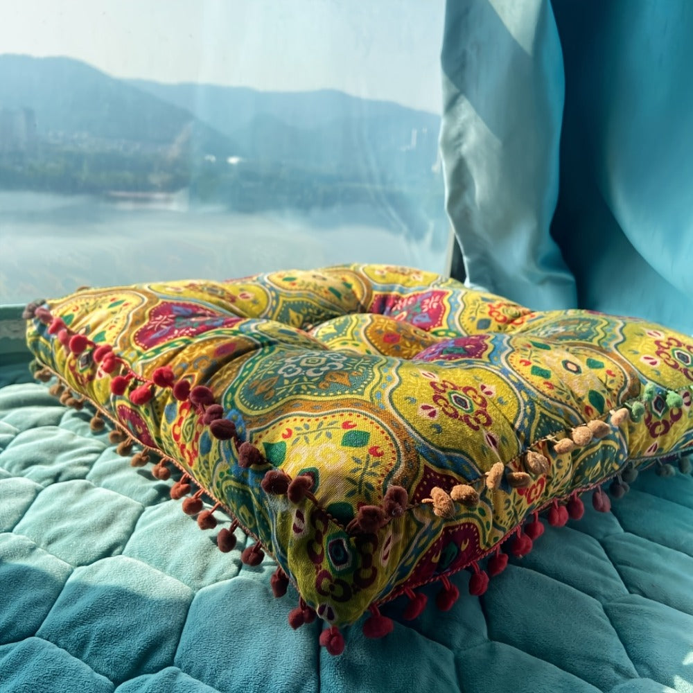 Square Bohemian Floor Cushion in Moroccan Orange or Bohemian Yellow with Forty-Two-Centimeter Size