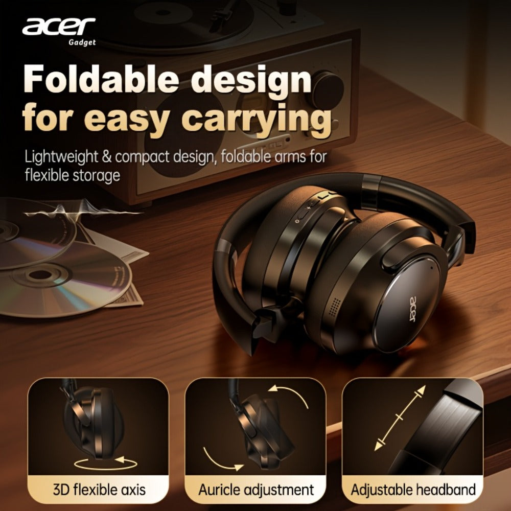 Acer OHR560 ANC Over-Ear Wireless Headphones, Full-Coverage Foldable Design HiFi Stereo HD ENC Call Noise Reduction Built-in Mic, 3.5mm Audio Cable Compatible for Work Travel Gaming Study