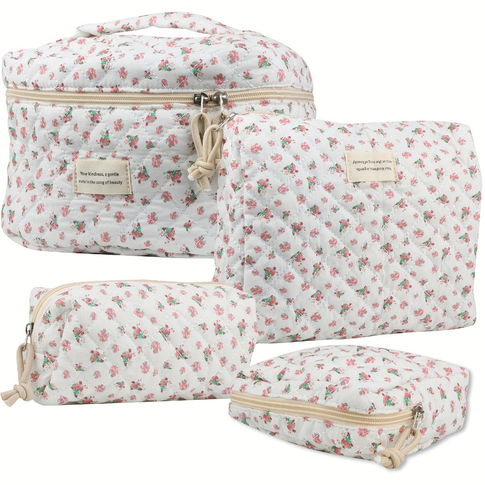 Makeup Bag – Quilted Makeup Bag Set 4-Piece Floral Rose Coquette Aesthetic Premium Cotton Cosmetic Organizer Travel Toiletry Pouch 4…