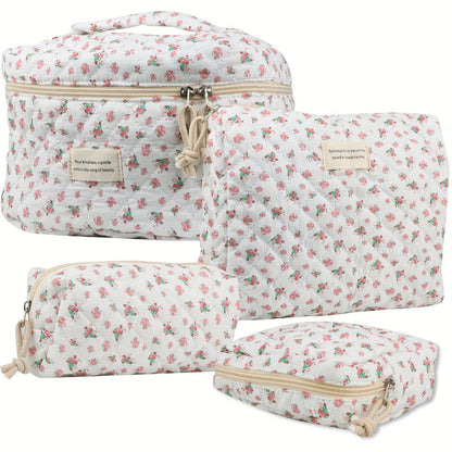 Makeup Bag – Quilted Makeup Bag Set 4-Piece Floral Rose Coquette Aesthetic Premium Cotton Cosmetic Organizer Travel Toiletry Pouch 4…