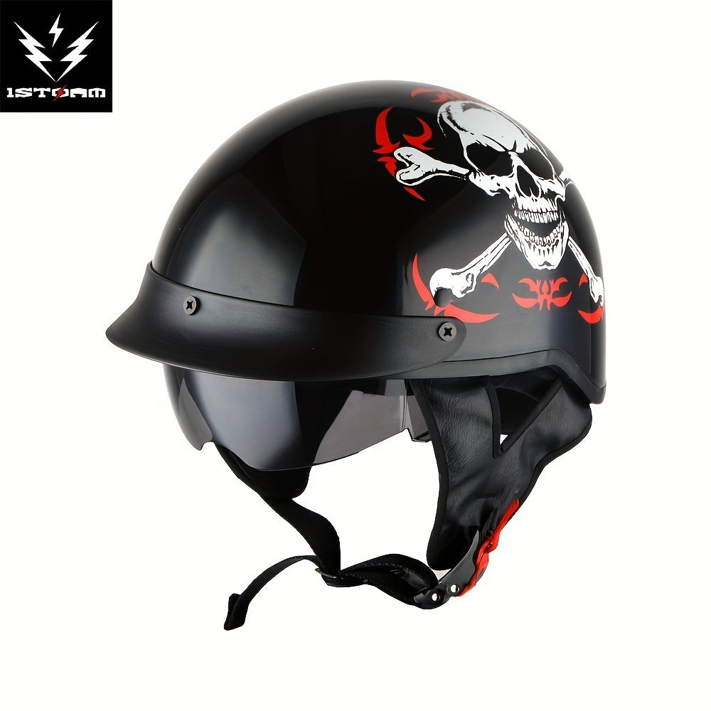 Motorcycle Half Face Helmet – Retractable Smoked Visor, Adjustable Inner Visor, Lightweight Aerodynamic Design, Goggle Compatible, Sizes S–XL