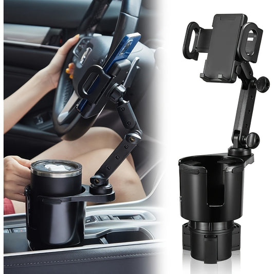 2-in-1 Car Phone Holder & Cup Holder Extender – Swivel Rotating Mount with Shock-Absorbing Trim, Universal for Cars, SUVs & Trucks, Black